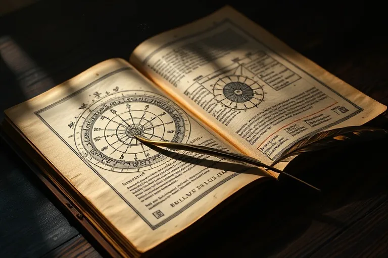 Cinematic still life of an ancient astrological treatise with brass dividers and a quill pen on a wooden desk.