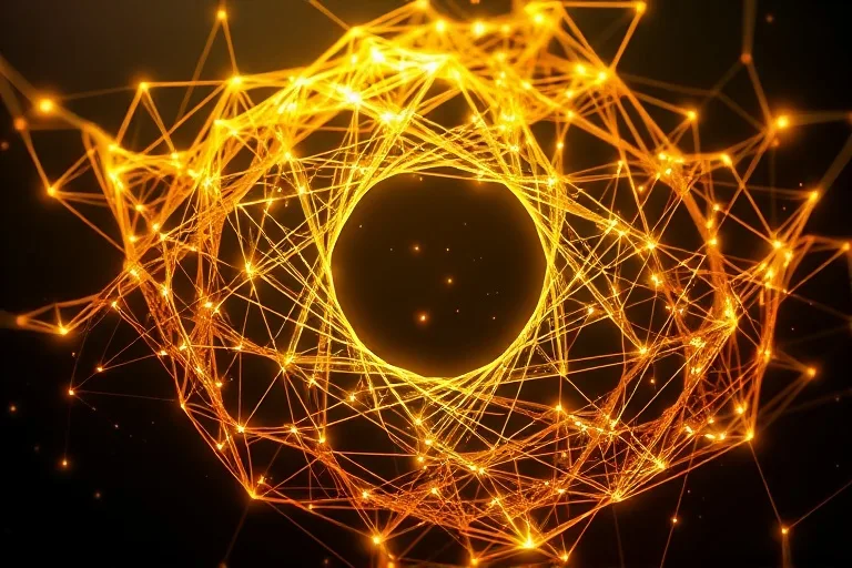 Abstract 3D render of interwoven golden threads forming complex cosmic patterns, symbolizing life's intricate timelines.