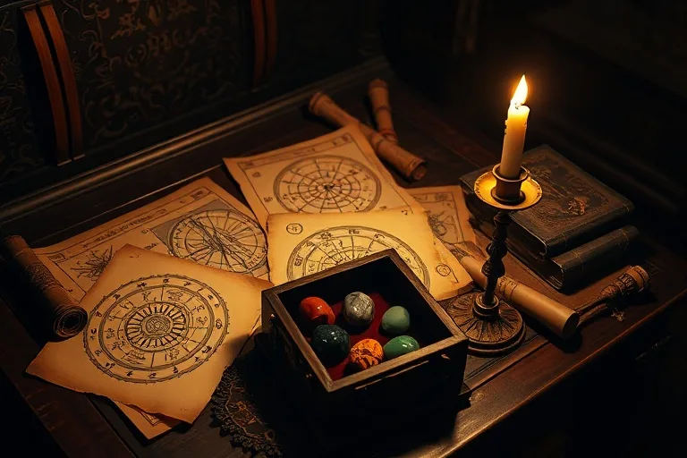 Cinematic still life of ancient astrological charts and scrolls on an antique desk, illuminated by a flickering candle. Four polished gemstones representing fire, earth, air, and water are in a carved wooden box.