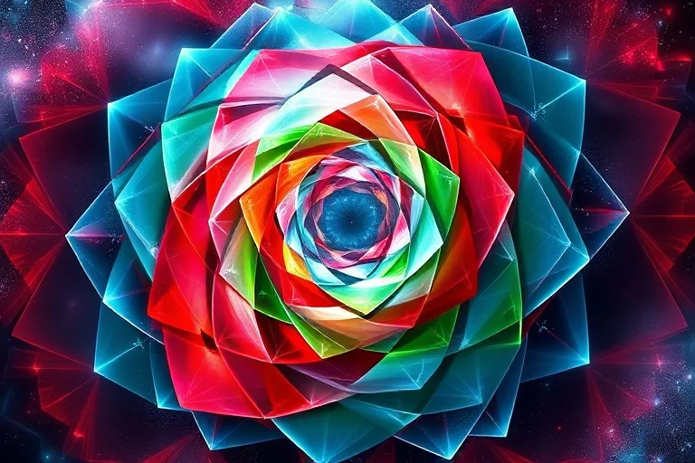 Abstract conceptual art, 3D render of a dynamic, swirling vortex of vibrant reds, deep greens, ethereal blues, and translucent whites, converging and interacting without clashing, symbolizing complex elemental energies.
