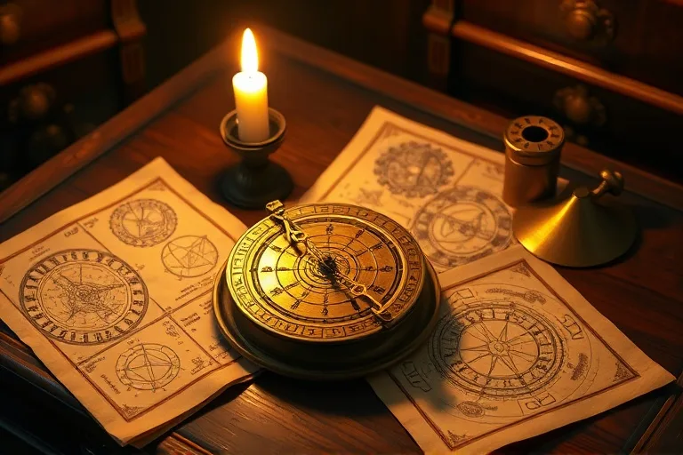 A vintage brass astrolabe resting on an antique wooden desk, surrounded by old parchment scrolls depicting astrological charts, illuminated by soft candlelight.