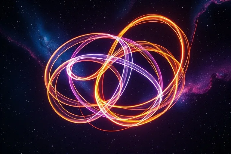 Abstract conceptual art featuring intertwined ribbons of light in cosmic colors swirling against a dark, starry void, symbolizing complex astrological compatibility.