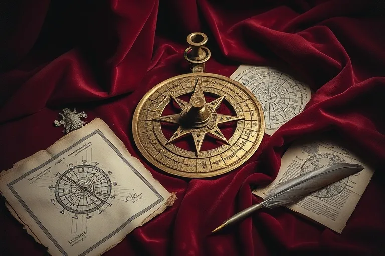 Cinematic still life of an ancient, tarnished astrolabe resting on a rich velvet cloth, surrounded by scattered, worn astrological charts and a delicate quill pen, all bathed in soft, dramatic light.