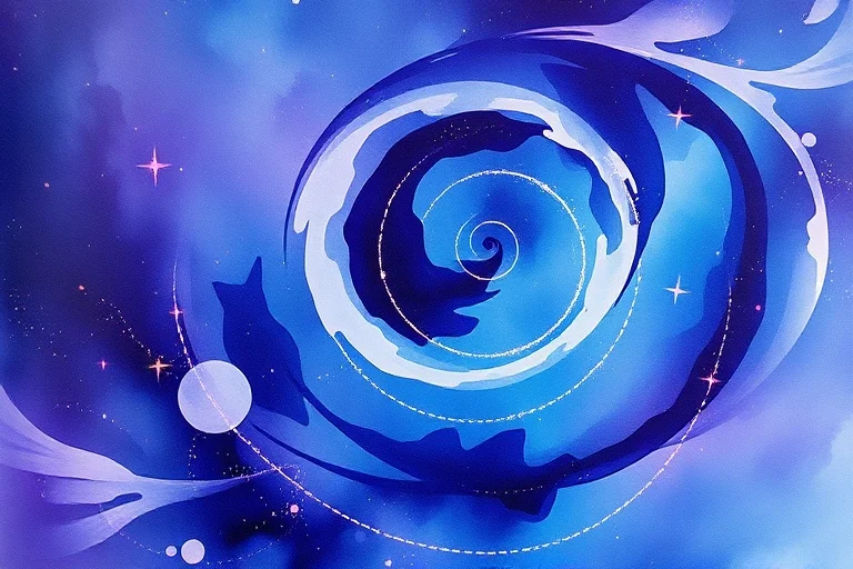 Watercolor painting of abstract, swirling cosmic energies and faint planetary orbits blending harmoniously, symbolizing the intricate interplay of celestial influences on personality.