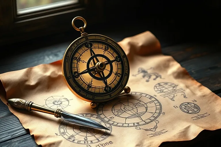 Still life of an ancient astrolabe and parchment, symbolizing astrological analysis.