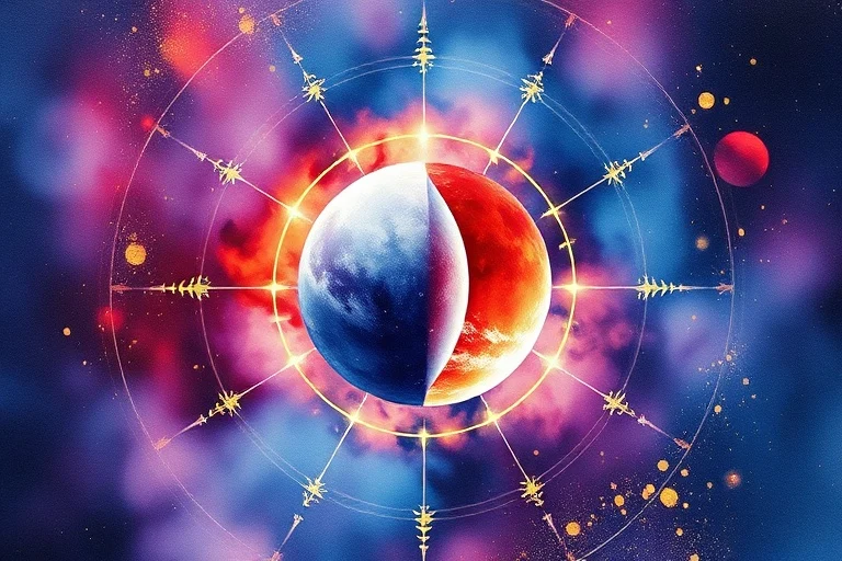Abstract watercolor painting of merging cosmic energies.