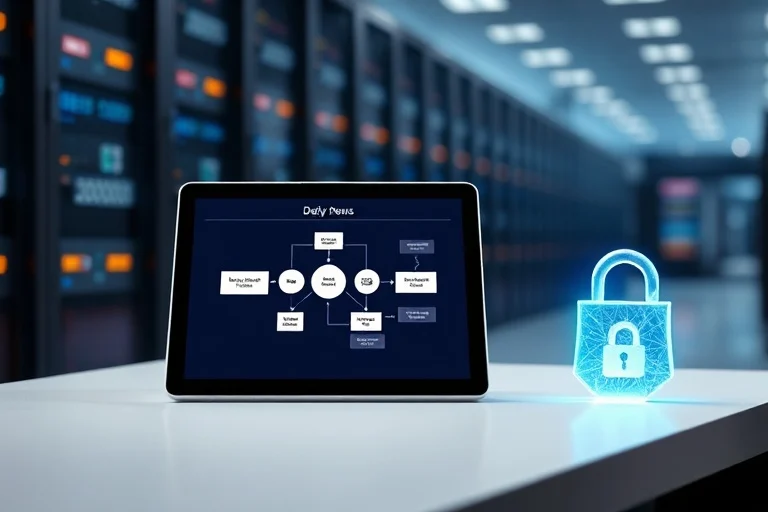 Tablet mostrando un flujo de seguridad con elementos drag-and-drop y un candado brillante