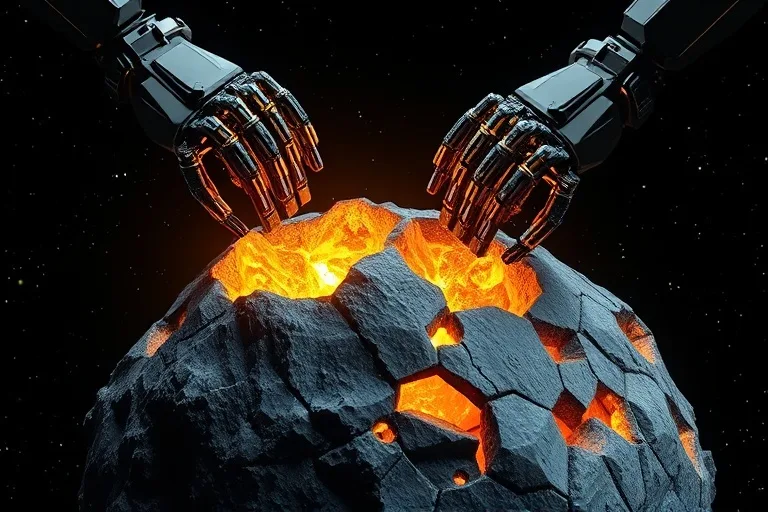 Robots futuristas extrayendo minerales brillantes de la superficie de un asteroide fracturado, con un fondo de espacio oscuro y estrellado, ilustrando la minería de recursos extraterrestres.