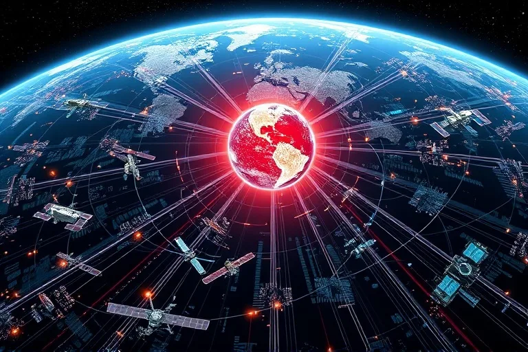 Representación estilizada de la órbita terrestre con múltiples satélites y estaciones espaciales interconectadas por líneas de datos, mostrando la congestión y la necesidad de gestión del tráfico orbital.