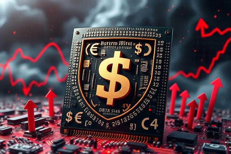 Escudo de protección hecho de símbolos financieros contra un fondo turbulento
