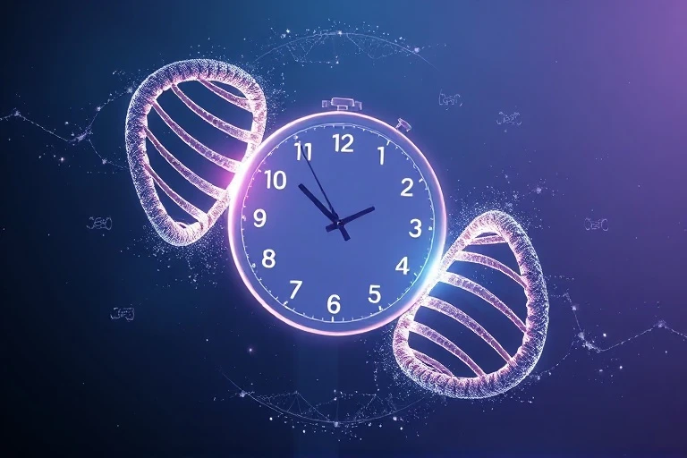 Hélices de ADN entrelazadas con un reloj, representando la conexión genética y circadiana