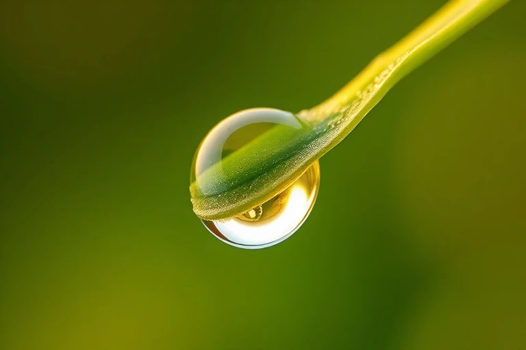 Gotas de rocío en una hoja al amanecer, simbolizando la regeneración y la longevidad