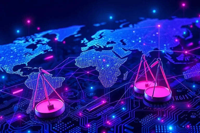 Abstract network with legal symbols and circuit board patterns