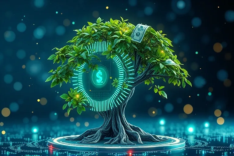 Quantum chip intertwined with a money tree, symbolizing financial growth