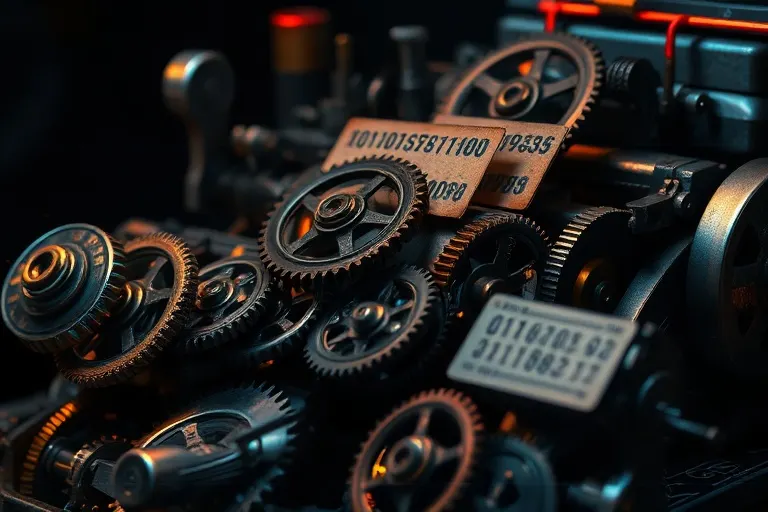 Detalle de engranajes y tarjetas perforadas, simbolizando los mecanismos de cálculo y programación temprana, en un ambiente de estudio antiguo.