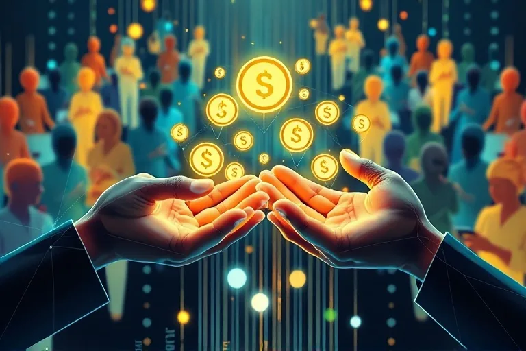 Vector illustration of hands exchanging digital currency, symbolizing financial inclusion and accessibility in diverse communities.