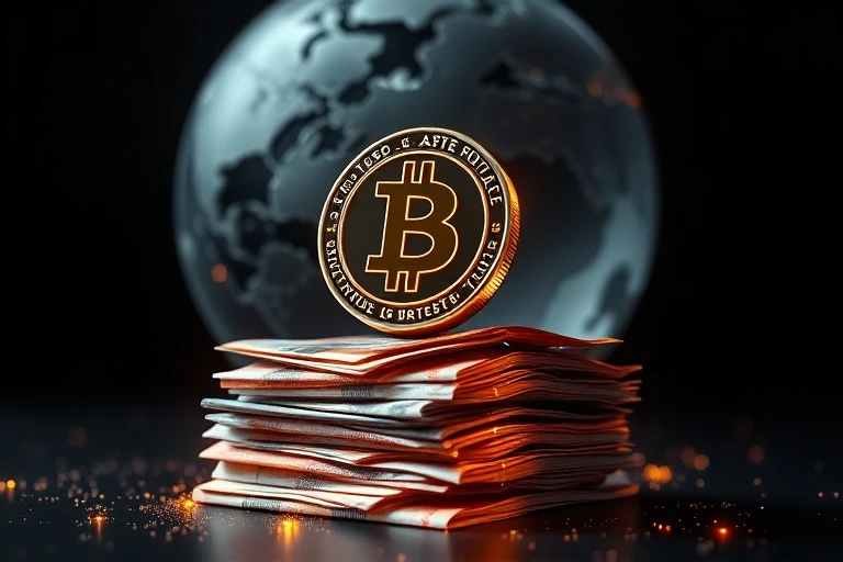 3D render of a digital coin precariously balanced on traditional currency, with a fragmented globe, symbolizing the fragility of financial stability amidst digital innovation.