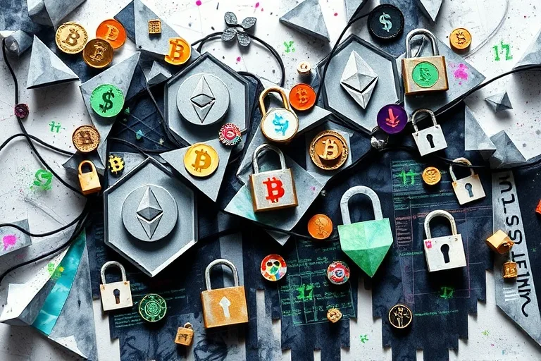 Pintura abstracta de símbolos de criptomonedas entrelazados con código malicioso y candados, representando la complejidad del cibercrimen financiero.