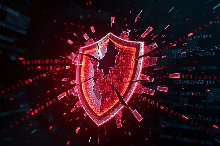 Representación 3D de un escudo digital roto con flujos de datos escapando, simbolizando la vulnerabilidad en la ciberseguridad.