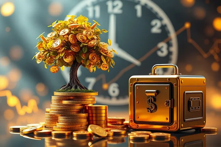 Representación digital de diversas inversiones financieras: acciones, bonos, bienes raíces y criptomonedas, entrelazadas con un árbol de dinero creciente.