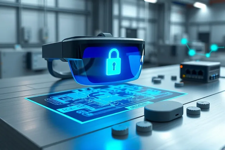 Gafas de realidad aumentada proyectando un candado digital sobre un esquema de fábrica.