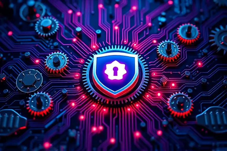 Representación abstracta de la seguridad en sistemas IoT industriales con un escudo digital.