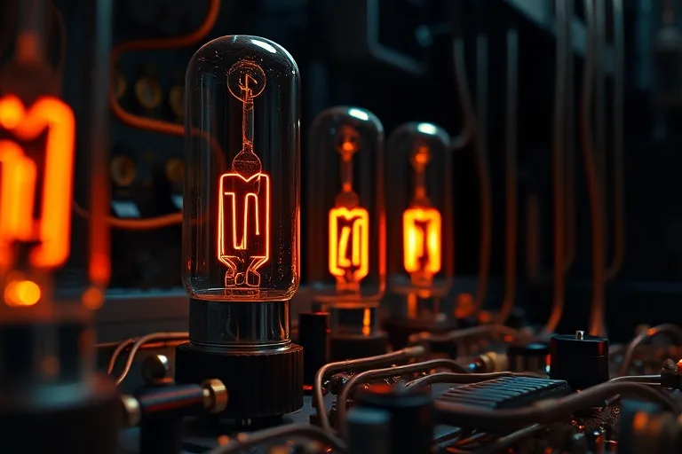 Detalle de válvulas de vacío y cableado antiguo en un equipo computacional