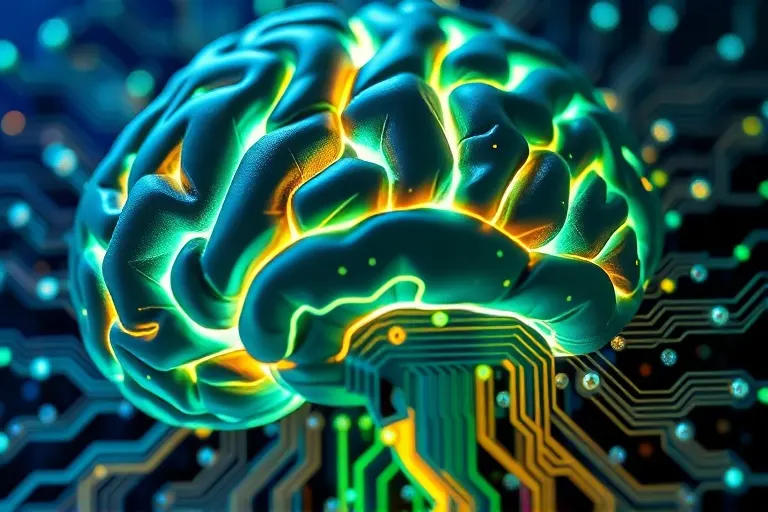 Representación 3D de patrones cerebrales digitales fusionados con una placa de circuito
