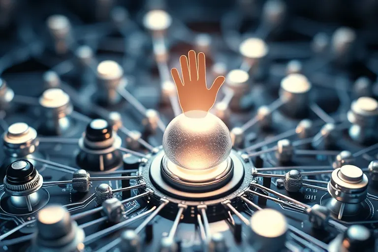 Esferas interconectadas con un icono de mano, simbolizando el control del usuario sobre los datos