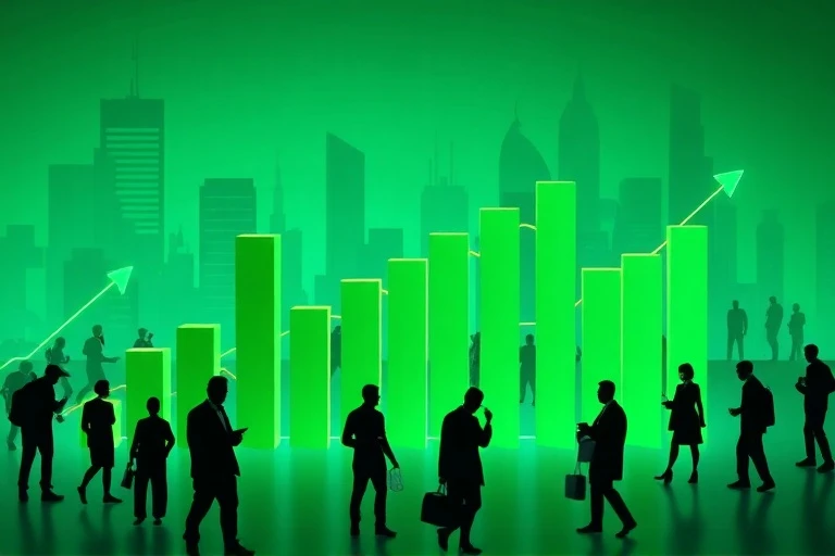 Gráficos financieros digitales mostrando crecimiento y transacciones en un entorno de mercado vibrante