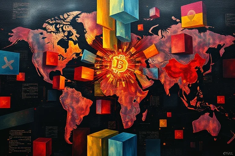 Pintura abstracta de bloques de poder entrelazados alrededor de un símbolo de moneda digital, representando cambios en la influencia global