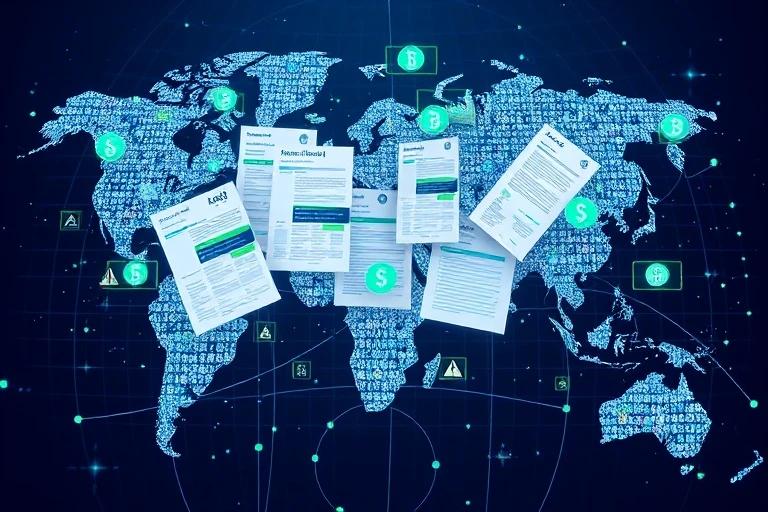 Intricate 3D render of tax forms and digital currency symbols