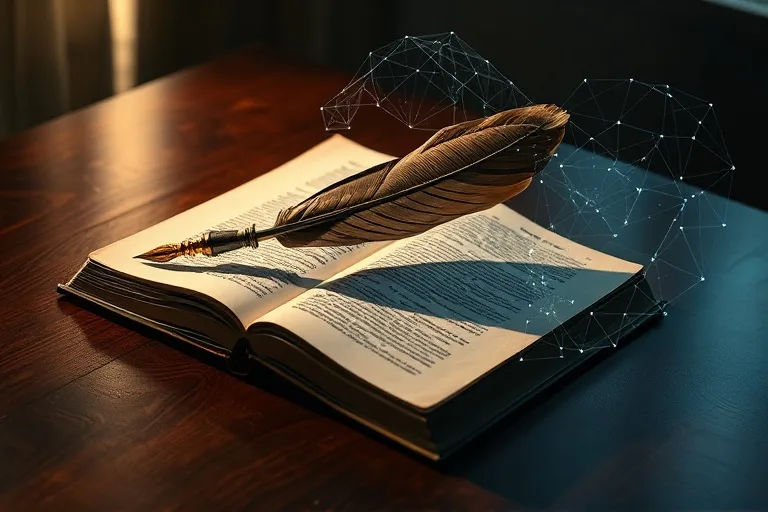 Quill pen y libro de leyes con proyección holográfica de algoritmos
