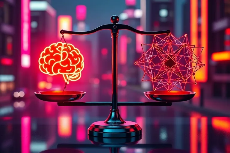 Balanza legal con cerebro humano y red de IA