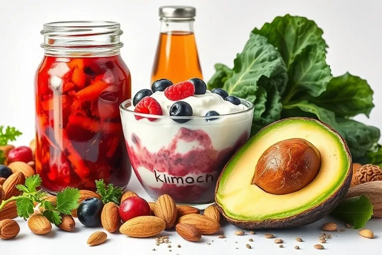 Variedad de alimentos fermentados y vegetales coloridos