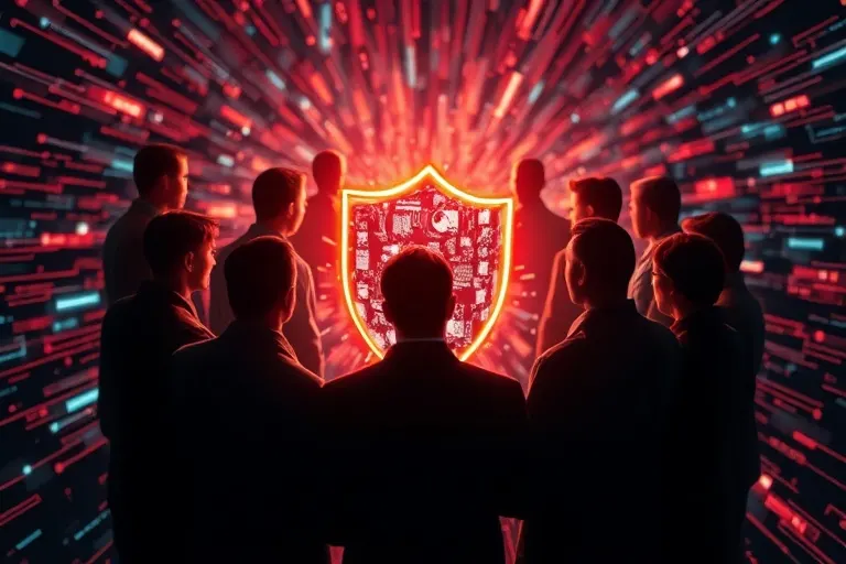 Siluetas de personas alrededor de un escudo digital fragmentado, simbolizando la vulnerabilidad colectiva