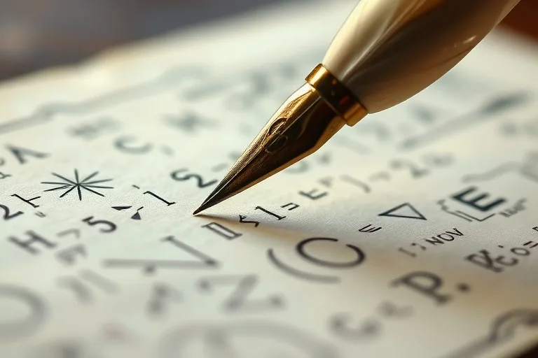 Una pluma de ave antigua reposando sobre un pergamino con complejas ecuaciones matemáticas que se transforman en símbolos de circuitos cuánticos.