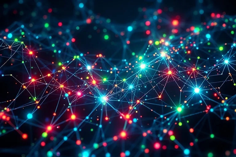 Representación abstracta de la red blockchain con elementos de crecimiento y volatilidad.