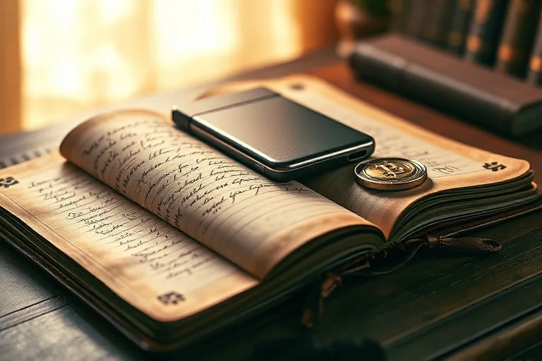 Un libro de contabilidad antiguo y un moderno dispositivo de almacenamiento de criptomonedas, simbolizando la fusión de finanzas tradicionales y digitales para el retiro.