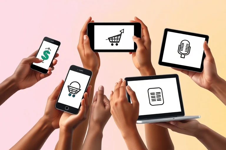 Manos sosteniendo dispositivos digitales mostrando iconos de diferentes métodos de monetización: suscripciones, e-commerce, patrocinios.