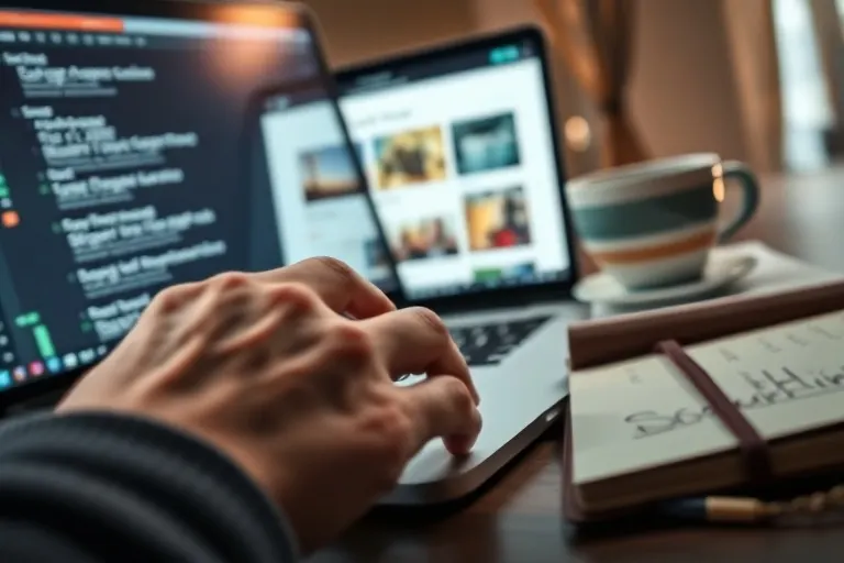 Primer plano de manos escribiendo en un portátil, con la pantalla mostrando un editor de contenido y elementos de creación digital.