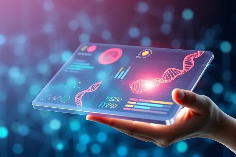 Mano interactuando con una tableta mostrando datos de salud personalizados