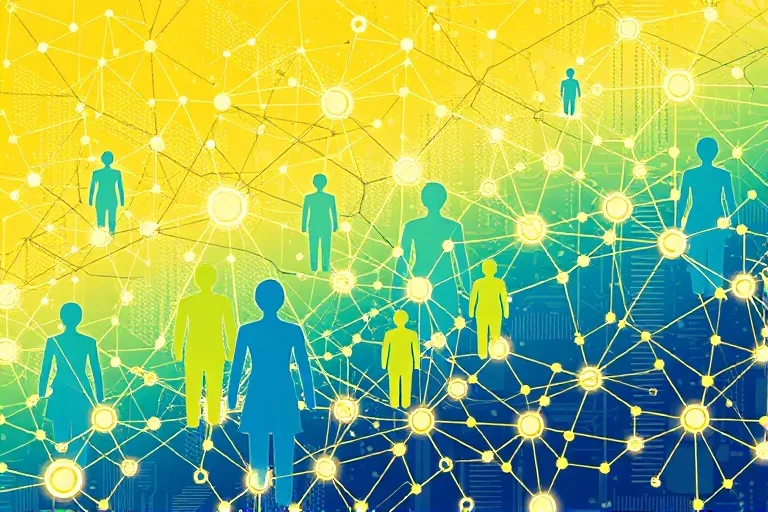 Red interconectada de figuras humanas y nodos de datos para la salud comunitaria