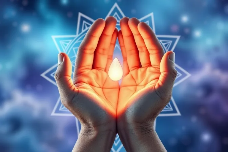 Manos sosteniendo una semilla brillante, simbolizando intenciones conscientes