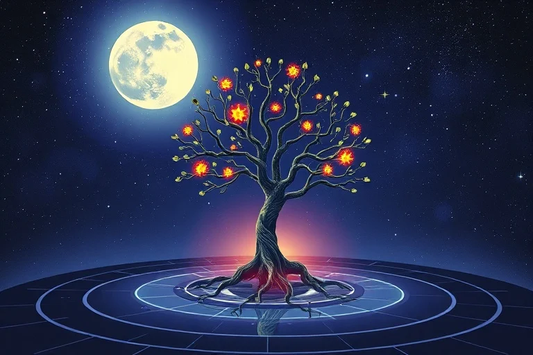 Árbol estilizado creciendo bajo la luna nueva, con símbolos de intenciones