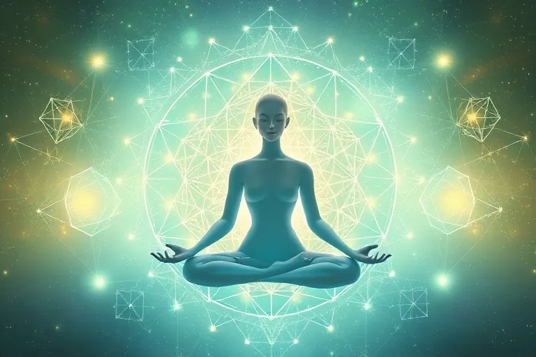 Persona meditando rodeada de geometría sagrada