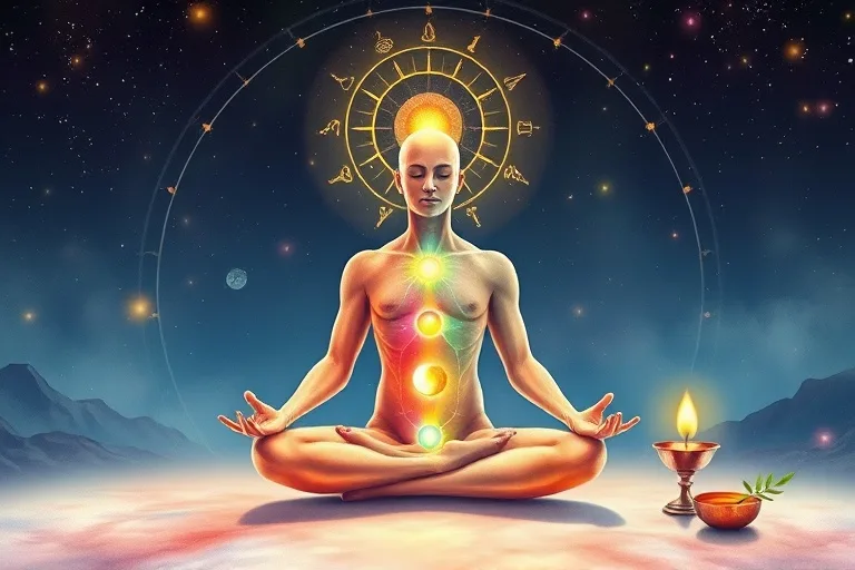 Figura meditando con chakras y planetas, mostrando equilibrio y desequilibrio