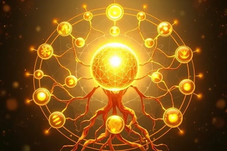 Red abstracta de raíces doradas y cuerpos celestes convergiendo en una esfera brillante