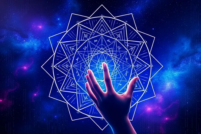 Ilustración de una mano interactuando con un flujo de datos holográfico que muestra gráficos astrológicos y algoritmos.