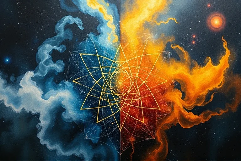 Pintura abstracta que representa el conflicto entre el libre albedrío y el determinismo, con caminos entrelazados y un fondo galáctico.
